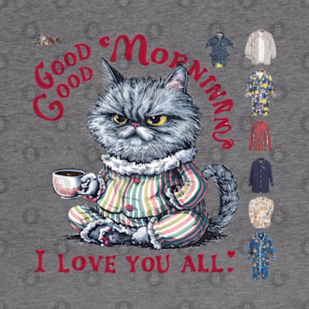 Print design of a cute Persian cat, wearing cozy pajamas and holding a steaming cup of coffee.3 by YolandaRoberts